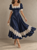 Navy Satin Lace Trim Puff Sleeve Midi Dress