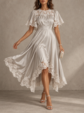 Silver Satin Lace Trim Flutter Sleeve High Low Midi Dress