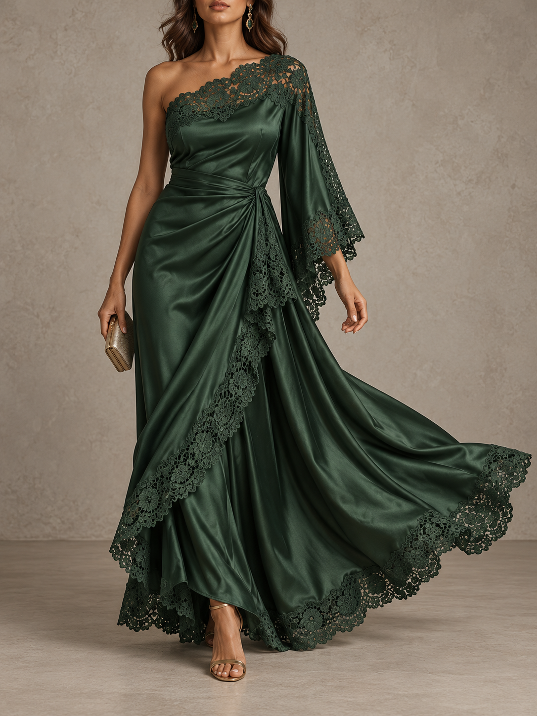 DarkGreen Satin Lace Trim One Shoulder Maxi Dress