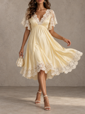 Yellow Satin Lace Trim Flutter Sleeve Midi Dress