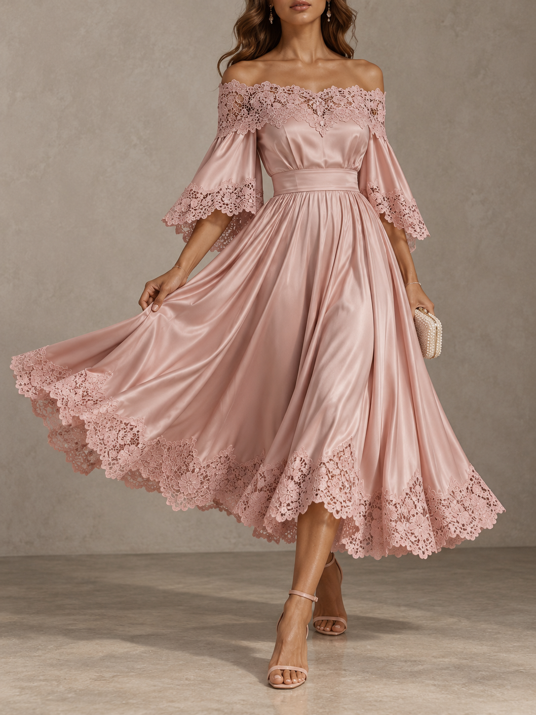 Pink Satin Lace Trim Off Shoulder Midi Dress