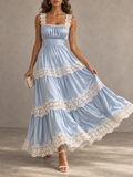 LightBlue Satin Lace Trim Tiered Maxi Dress