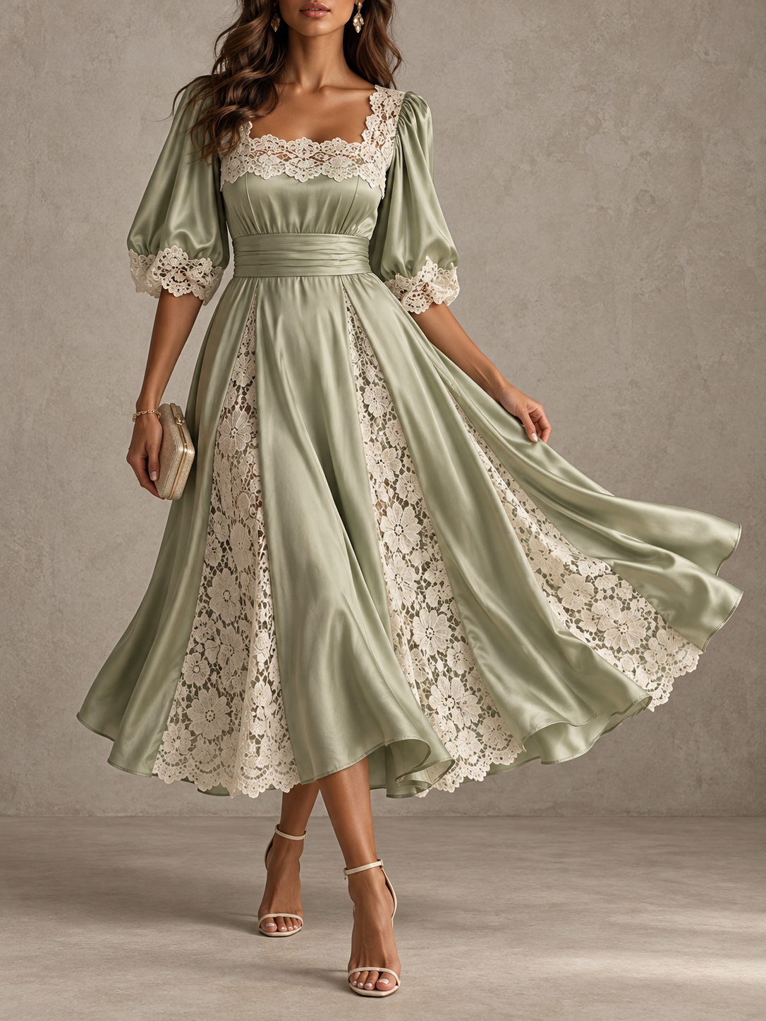 SageGreen Satin Lace Trim Puff Sleeve Midi Dress