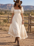Cream Embroidered Square Neck Midi Dress
