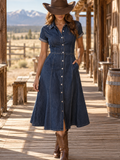 Blue Denim Button Front Midi Dress