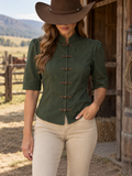 Olive Mandarin Collar Frog Button Front Top