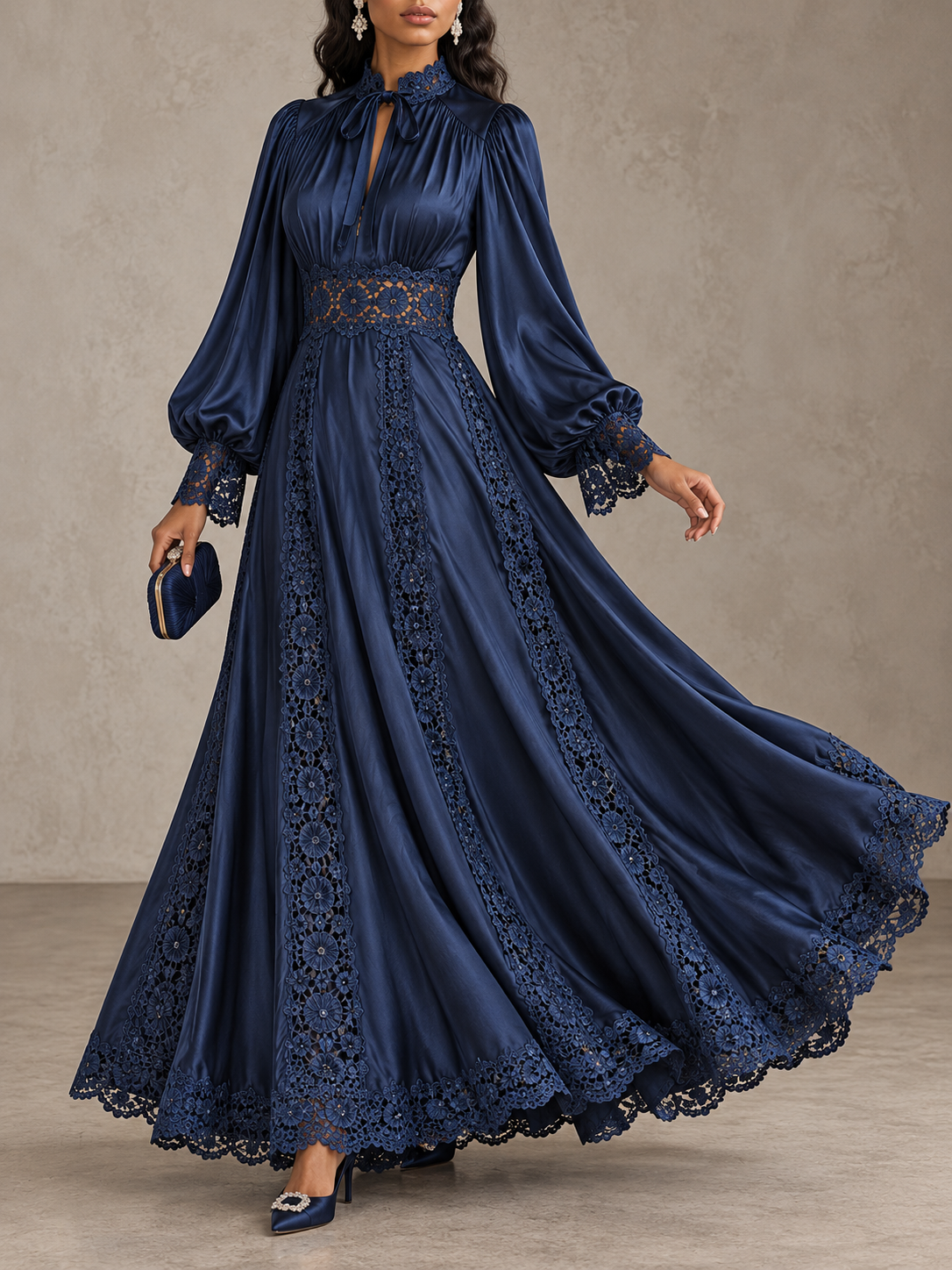 Navy Satin Lace Trim Long Sleeve Maxi Dress