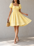 Yellow Smocked Bodice Puff Sleeve Mini Dress