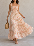 Cream Floral Print Square Neck Tiered Maxi Dress