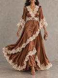 Brown Satin Lace Trim Bell Sleeve Maxi Dress