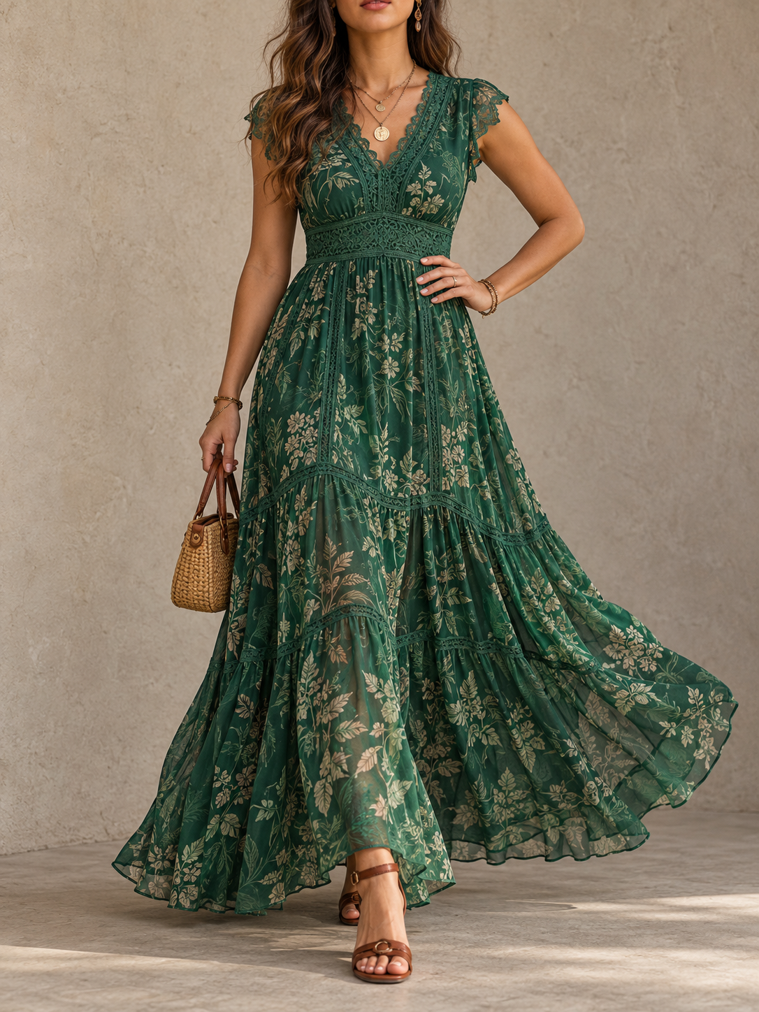 DarkGreen Floral Lace Trim Maxi Dress