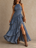 Blue Denim Halter Ruffle Tiered Maxi Dress
