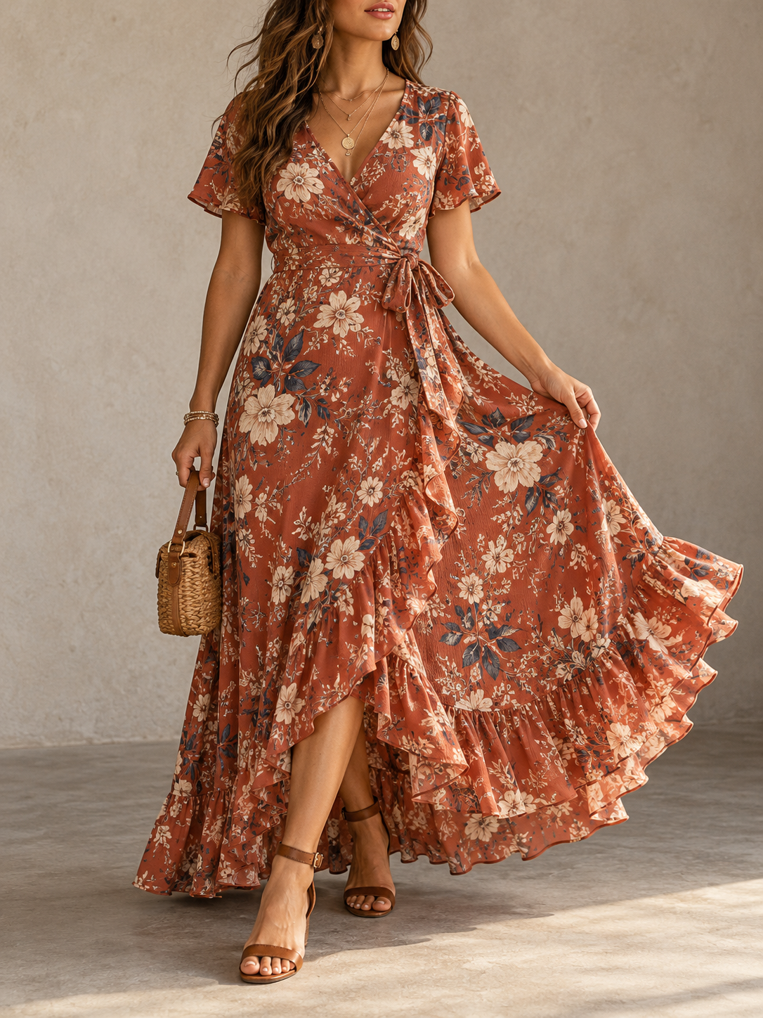 Rust Floral Print Wrap Ruffle Maxi Dress