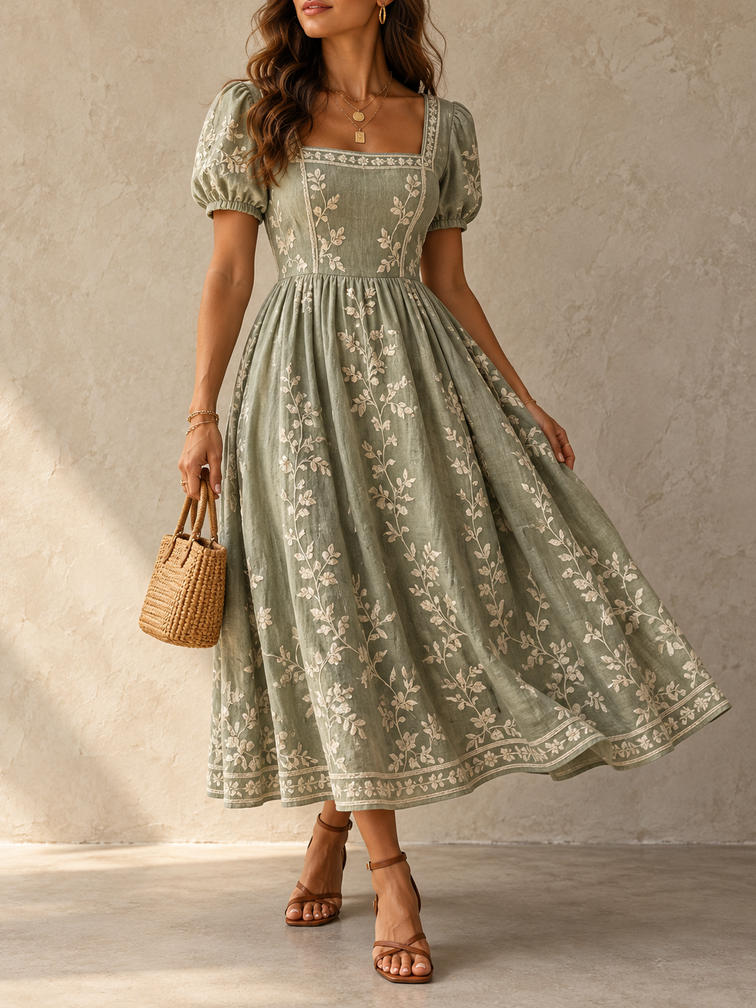 SageGreen Floral Embroidered Square Neck Midi Dress