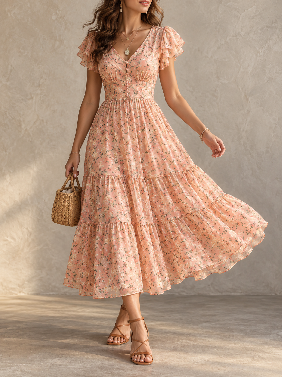 Peach Floral Print Ruffle Sleeve Tiered Midi Dress
