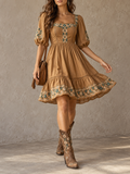 Camel Embroidered Puff Sleeve Mini Dress