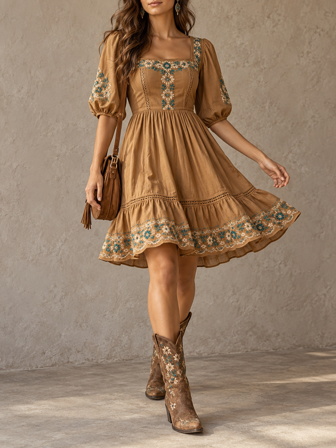 Camel Embroidered Puff Sleeve Mini Dress