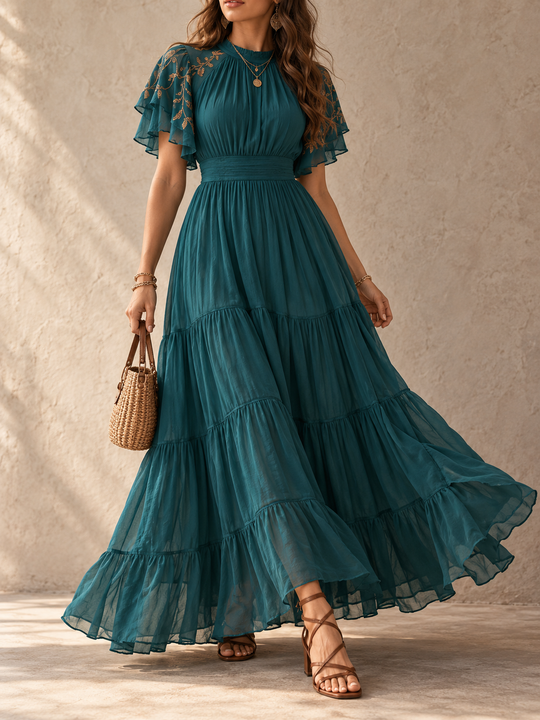 Teal Ruffle Sleeve Tiered Maxi Dress