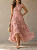 Pink Lace Trim Sleeveless Tiered Midi Dress