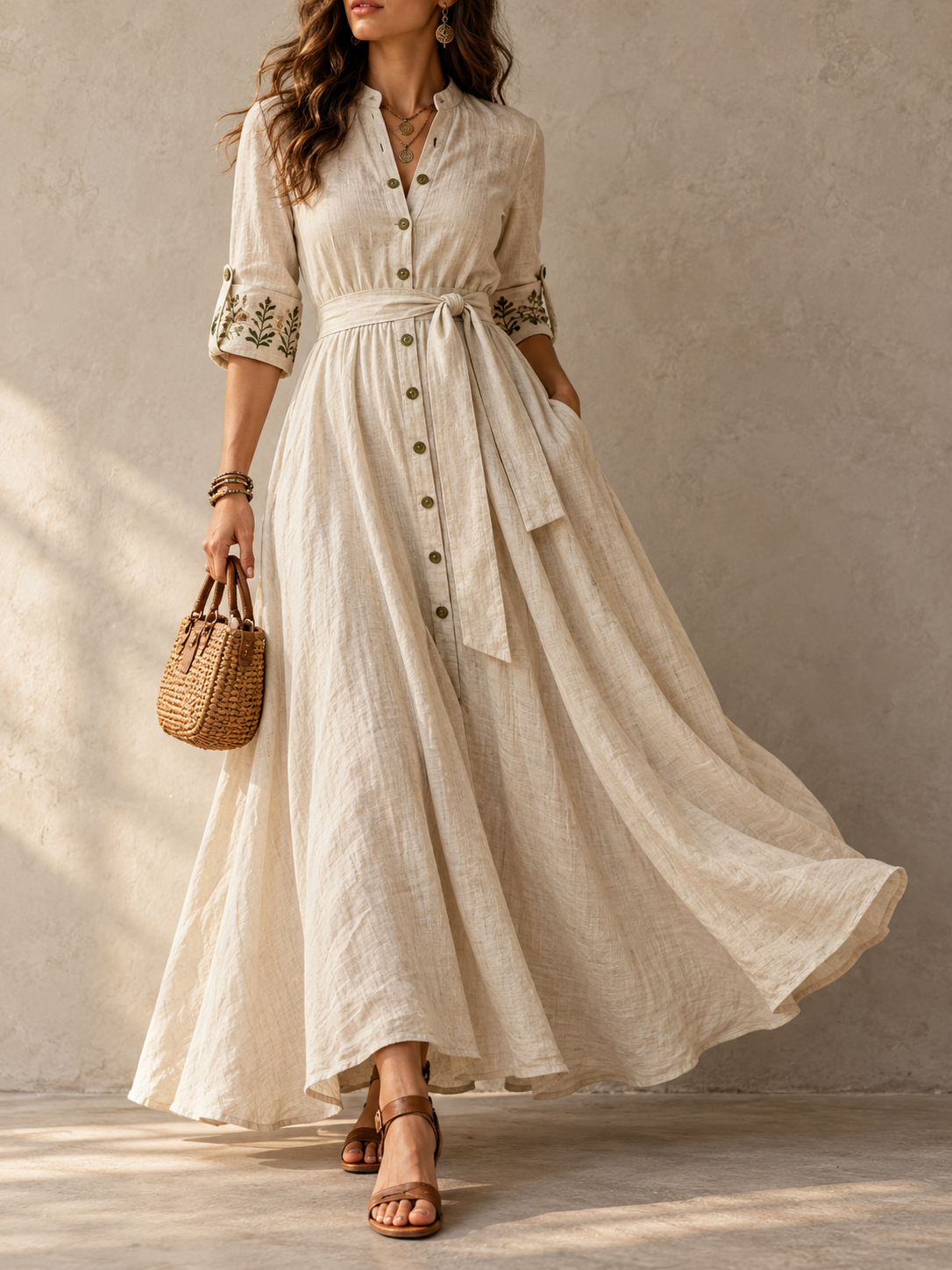 Beige Linen Button Front Maxi Dress