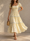 Yellow Blue Floral Print Square Neck Midi Dress