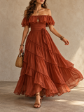 Rust Off Shoulder Ruffle Tiered Maxi Dress