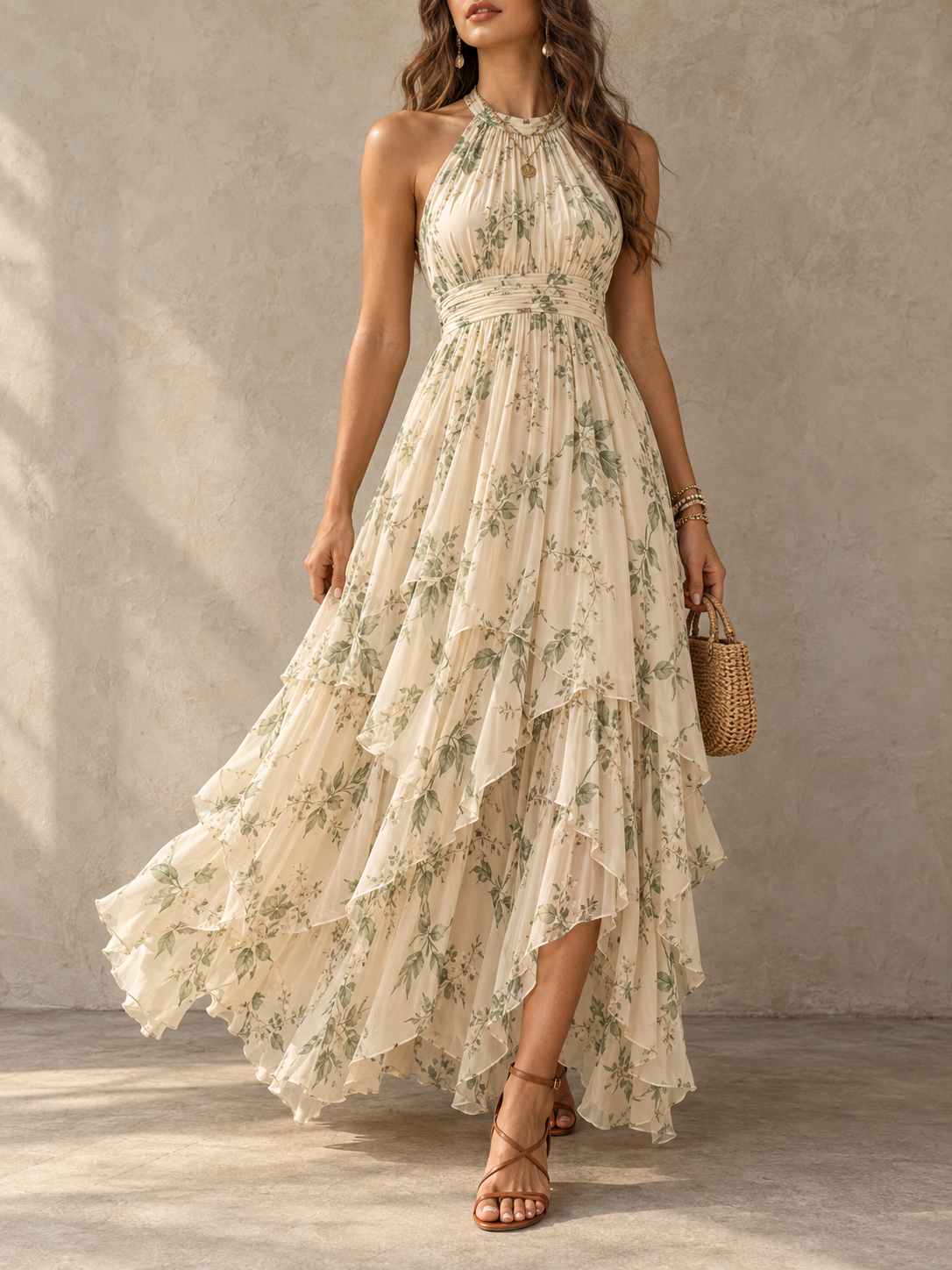 Cream Floral Print Halter Ruffle Tiered Maxi Dress