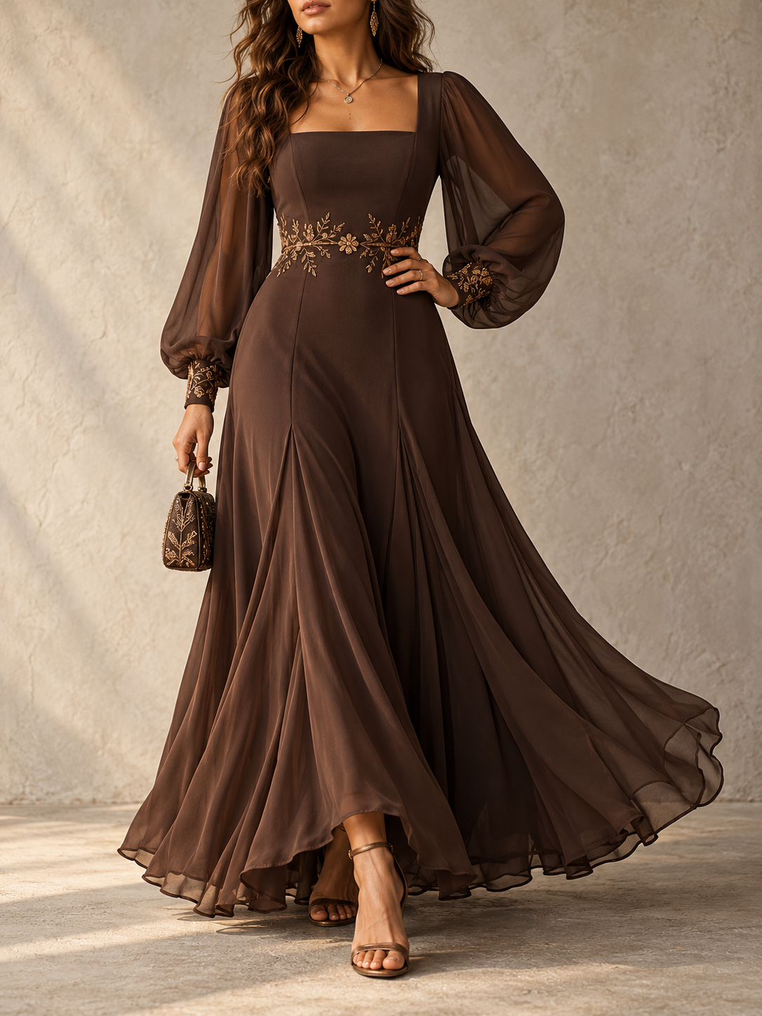 DarkBrown Embroidered Long Sleeve Maxi Dress
