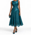 Teal Lace Satin Trim Sleeveless Midi Dress