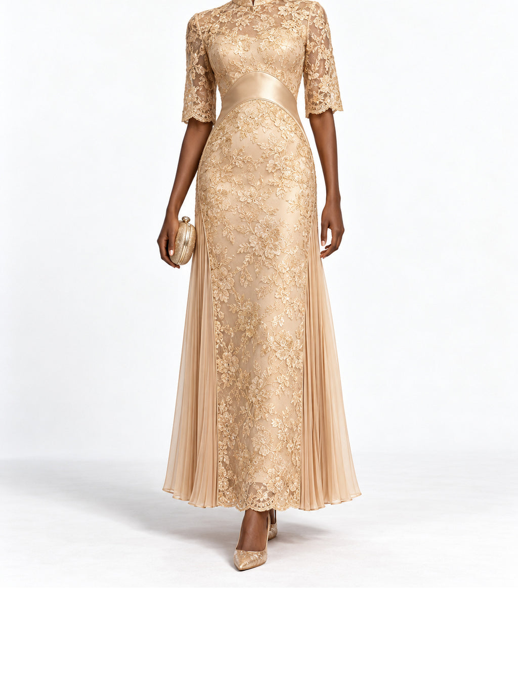 Champagne Lace Satin Trim Short Sleeve Maxi Dress