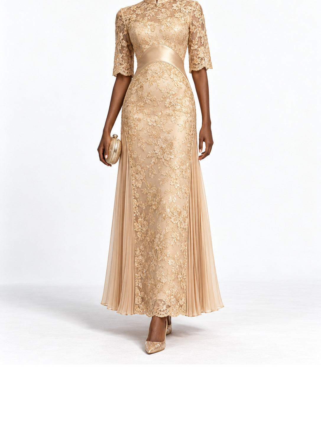 Champagne Lace Satin Trim Short Sleeve Maxi Dress