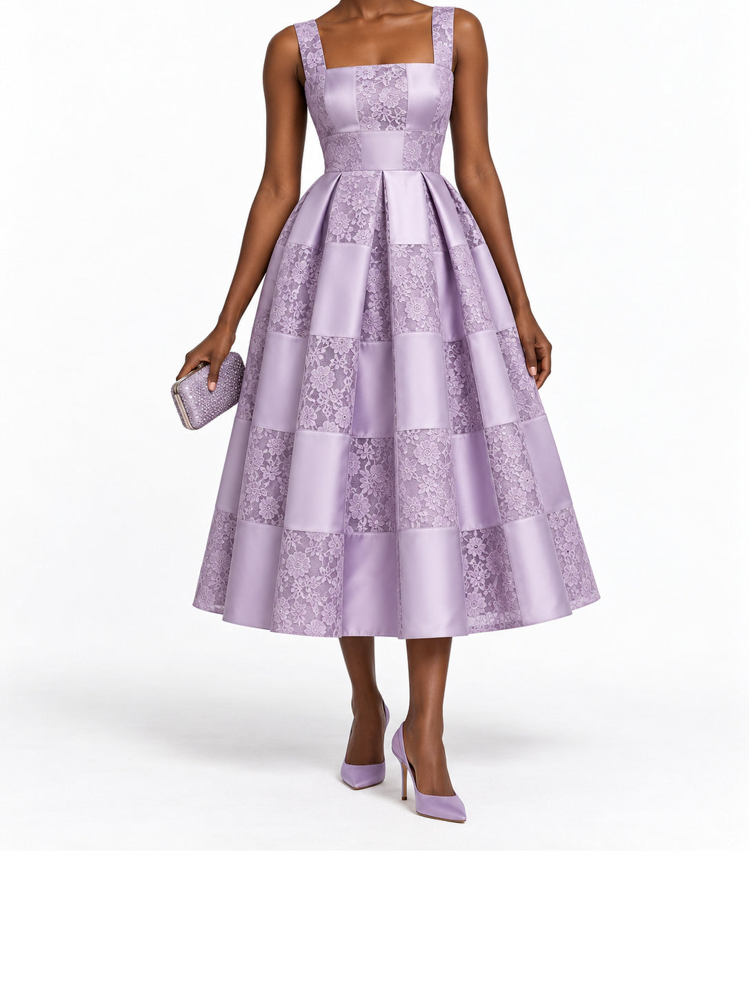 Lilac Satin Lace Patchwork Sleeveless Midi Dress