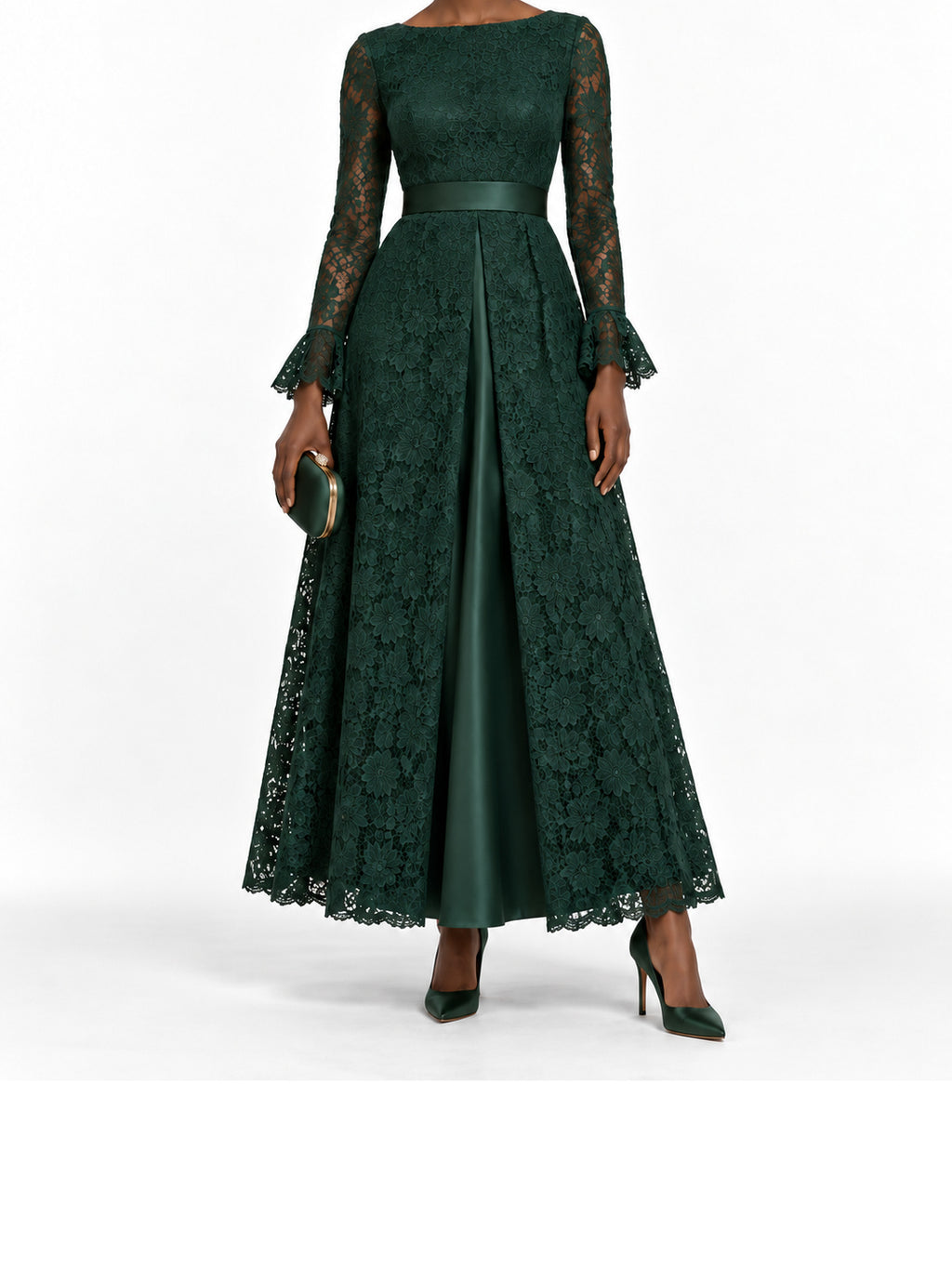DarkGreen Lace Long Sleeve Maxi Dress