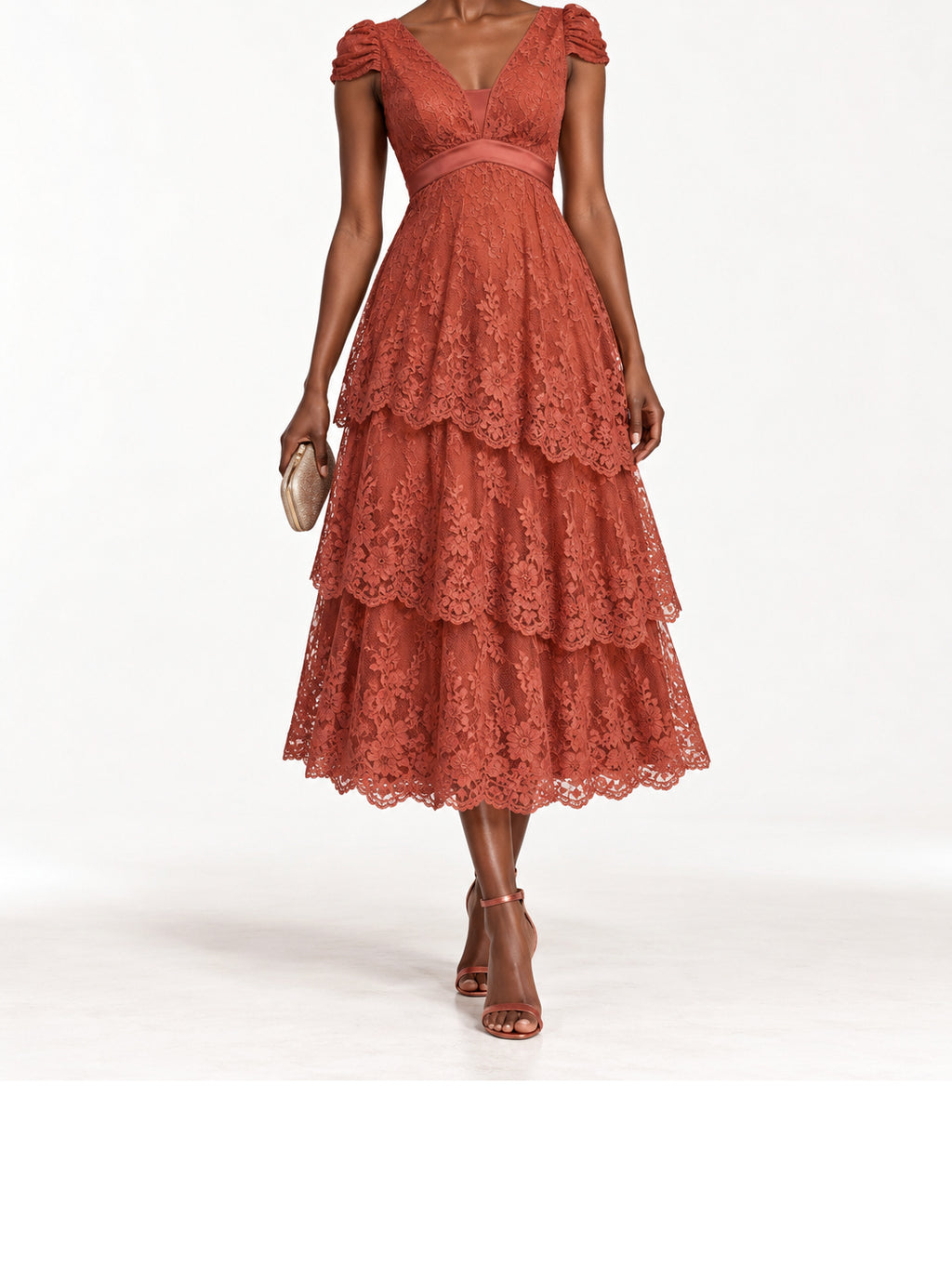 Rust Lace Cap Sleeve Tiered Midi Dress
