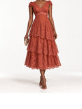 Rust Lace Cap Sleeve Tiered Midi Dress
