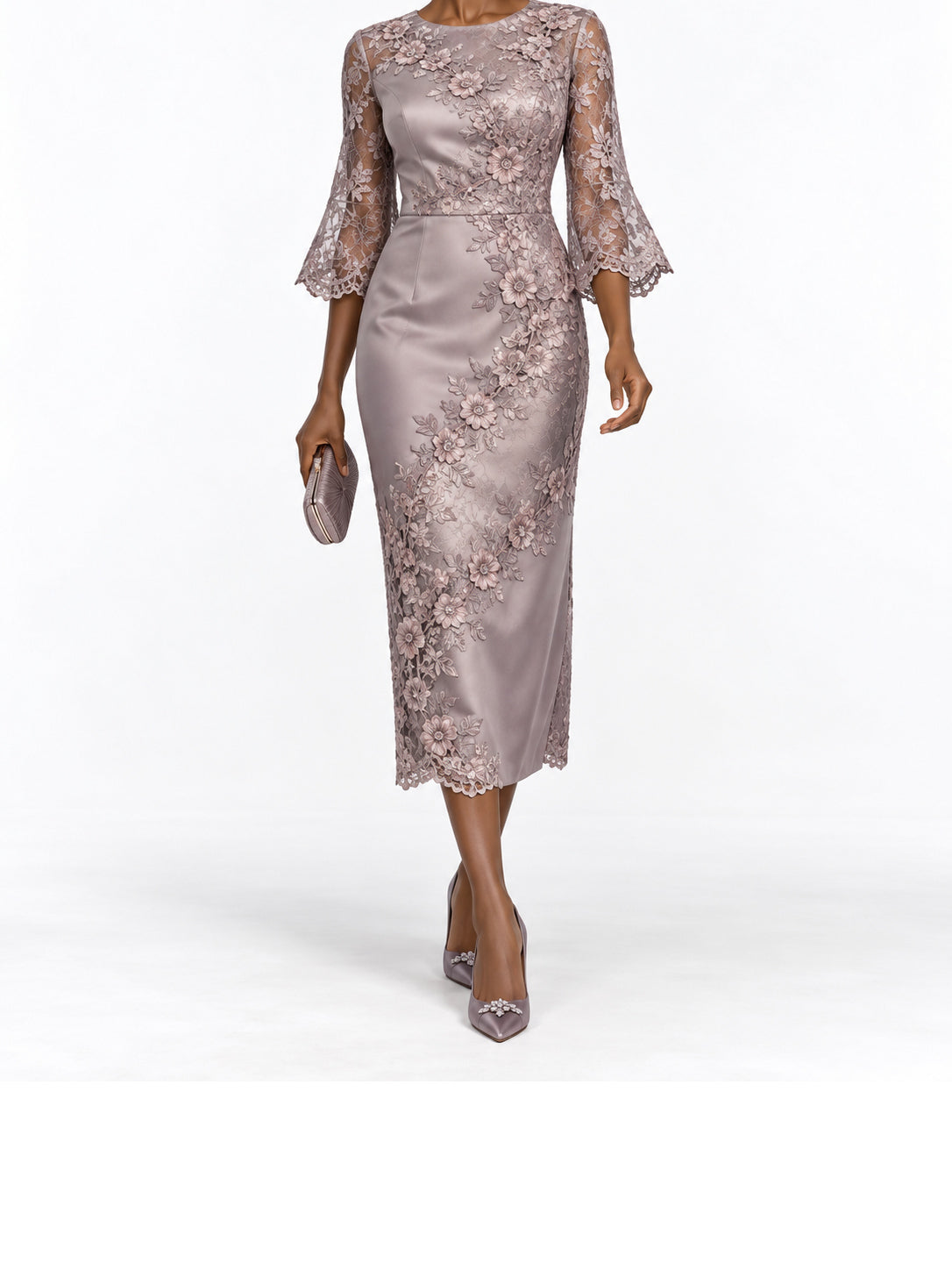 Mauve Lace Floral Applique Midi Dress