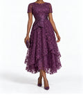 Purple Lace Short Sleeve Tiered Midi Dress