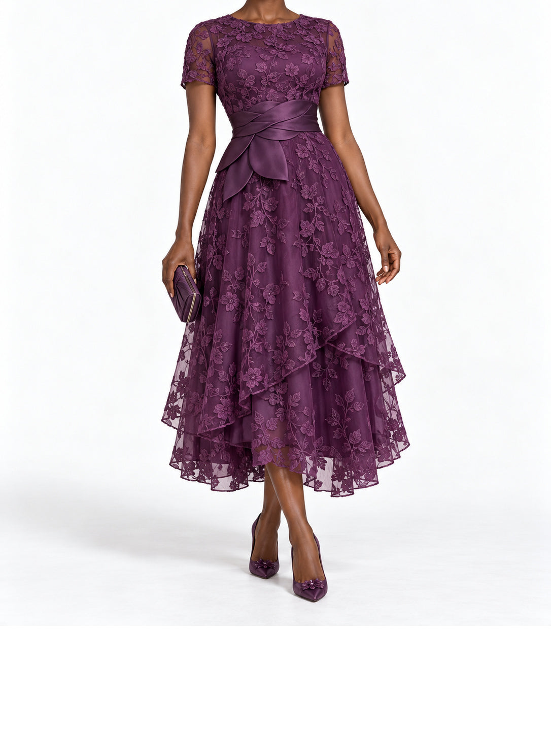 Purple Lace Short Sleeve Tiered Midi Dress
