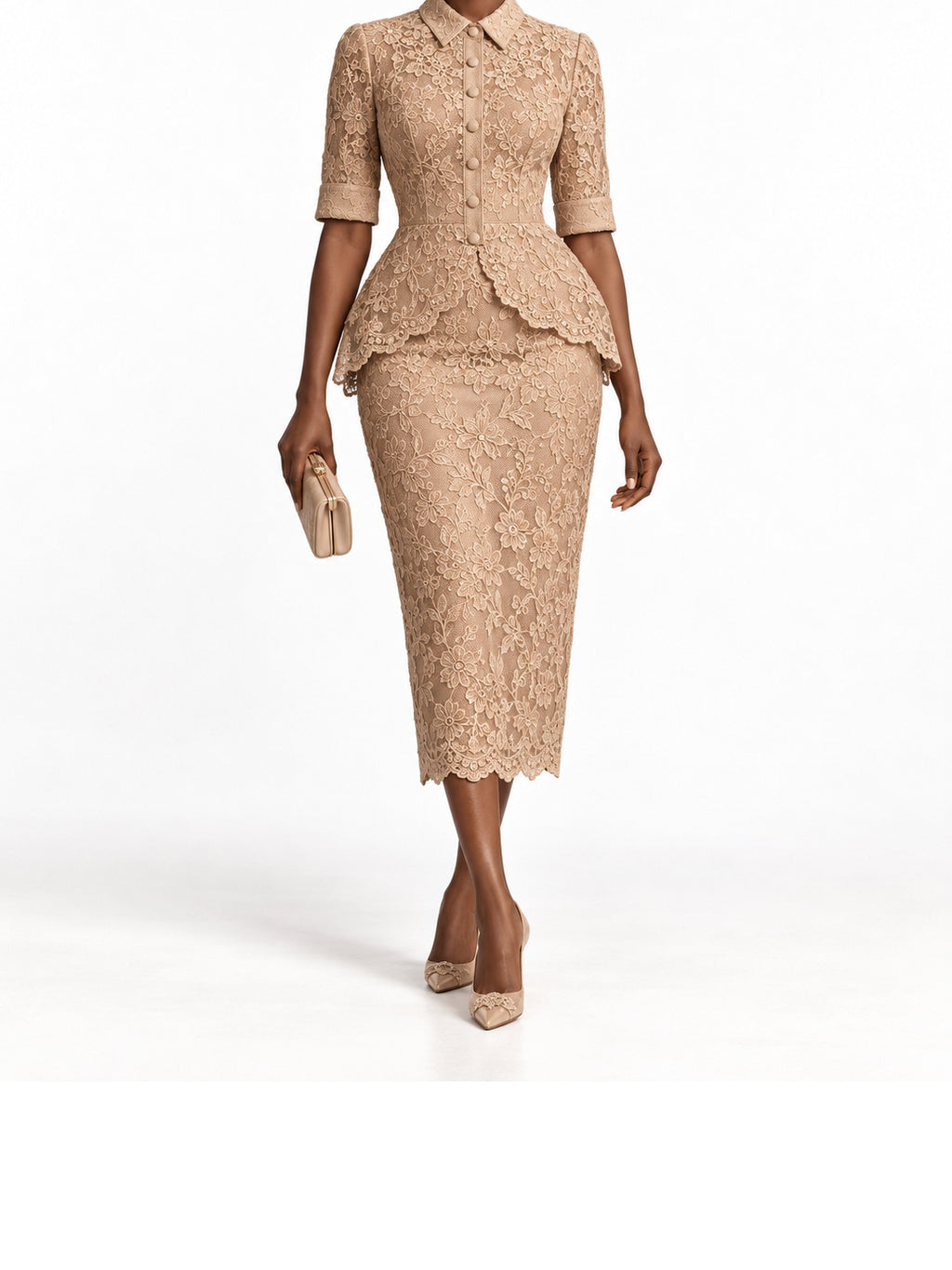 Beige Lace Peplum Midi Dress