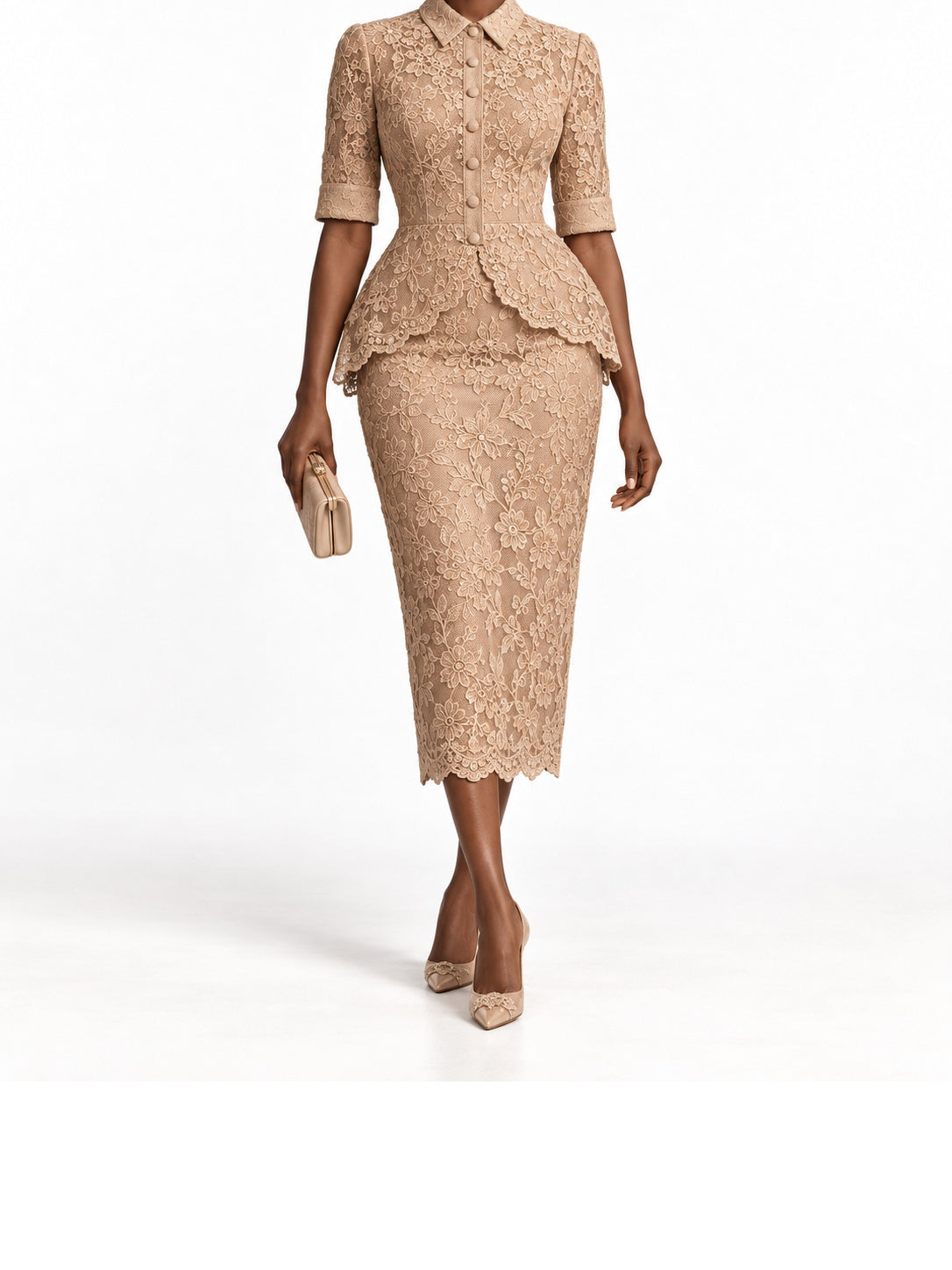 Beige Lace Peplum Midi Dress