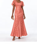 Coral Satin Lace Applique Flutter Sleeve Maxi Dress