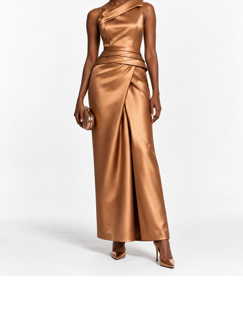 Bronze Satin One Shoulder Draped Maxi Dress