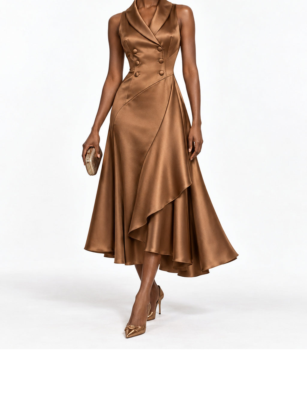 Camel Satin Shawl Collar Asymmetric Midi Dress