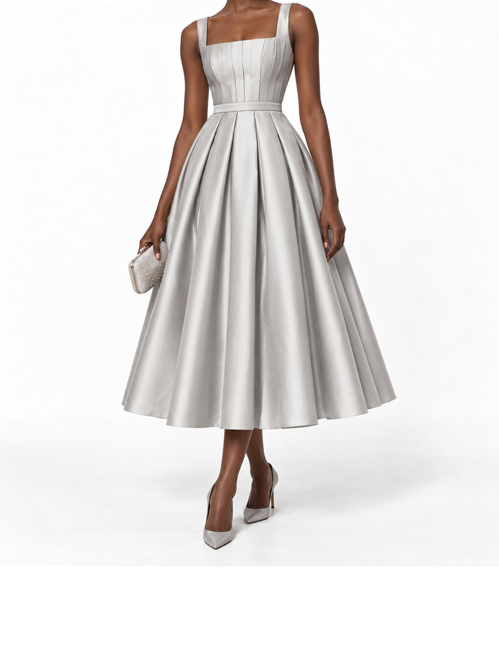 Silver Satin Square Neck Pleated Midi Dress