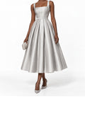 Silver Satin Square Neck Pleated Midi Dress