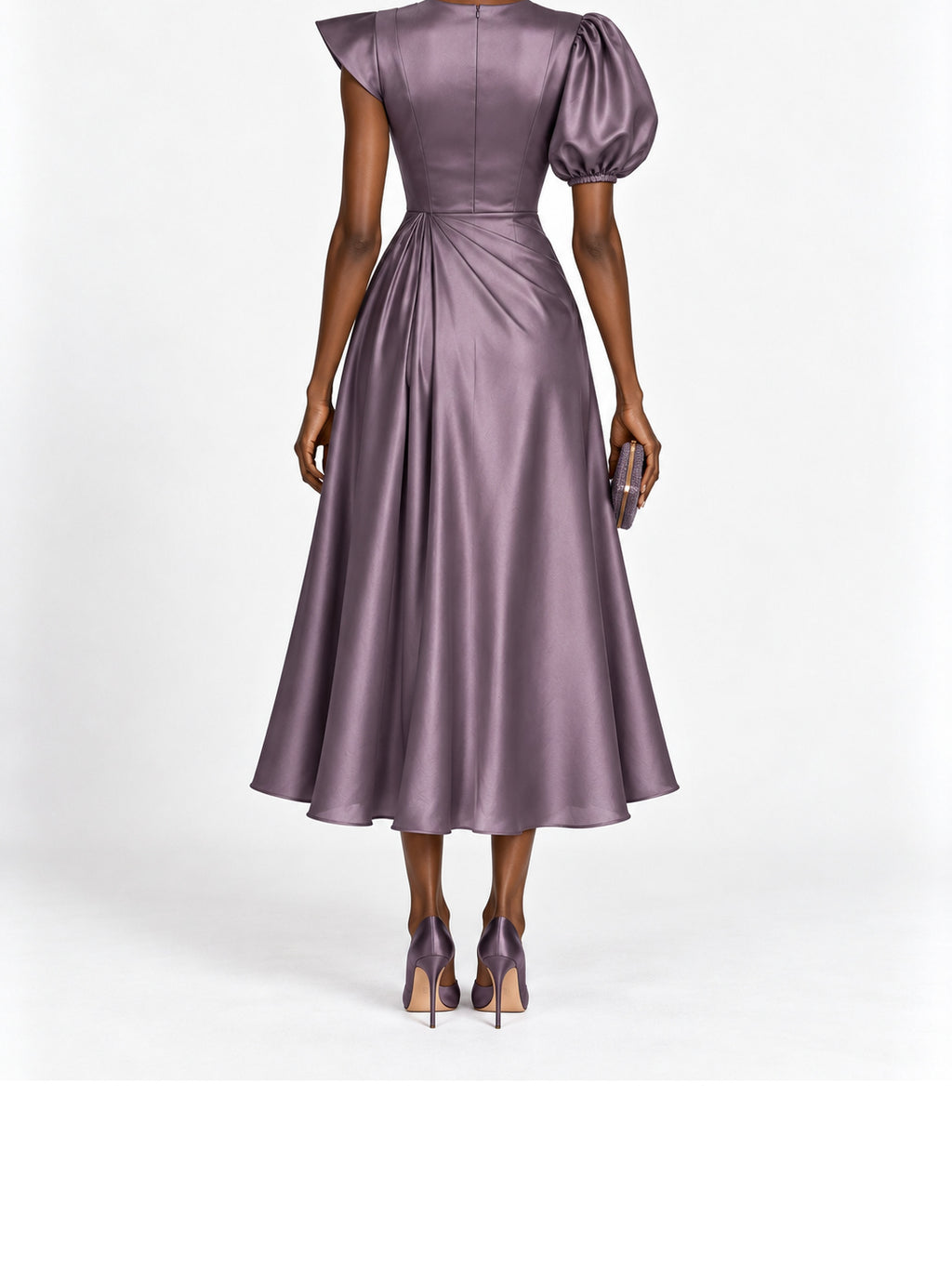 Mauve Satin Puff Sleeve Midi Dress