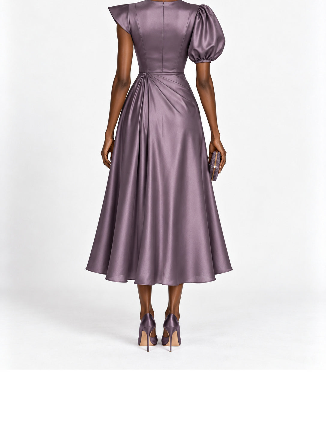 Mauve Satin Puff Sleeve Midi Dress