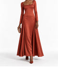 Rust Satin Square Neck Maxi Dress