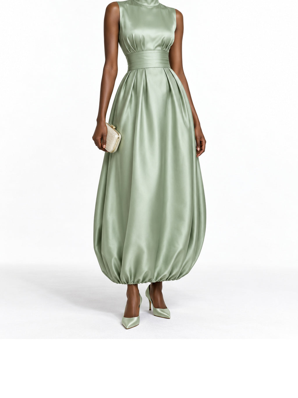 SageGreen Satin Sleeveless Bubble Hem Maxi Dress