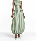 SageGreen Satin Sleeveless Bubble Hem Maxi Dress
